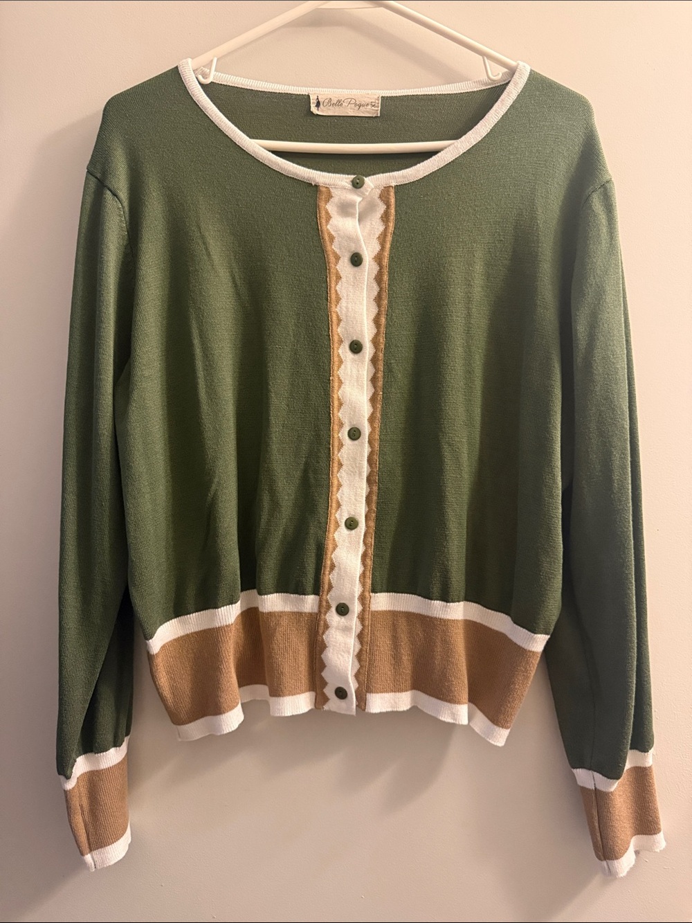 Olive Green Button-Front Cardigan with Tan Contrast Trim